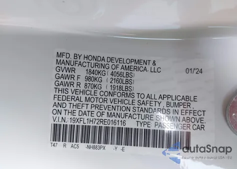 2024 Honda Civic Ex-L from USA, damaged, VIN 19XFL1H72RE016116